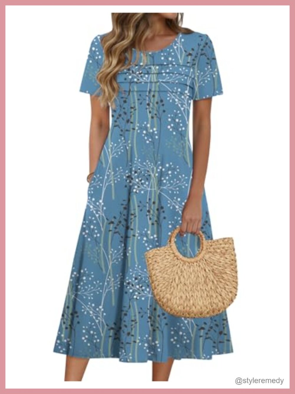 Womens Floral Print Midi A-Line Dress Short Puff Sleeve Beach Sundress
